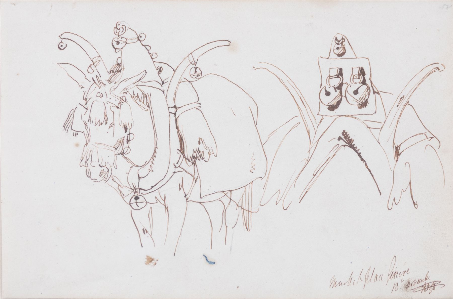 Swiss/French School (19th century): Donkey Heading to Market and Figural Studies, three ink sketches, one indistinctly signed and inscribed, max 17cm x 11cm (3)