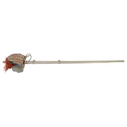 Reproduction Scottish basket infantry sword, 1828 pattern, the L79cm blade, etched with thistles and scroll work, dome pommel with a ball finial, basket hilt with heart piercing, with a steel scabbard, overall L98cm