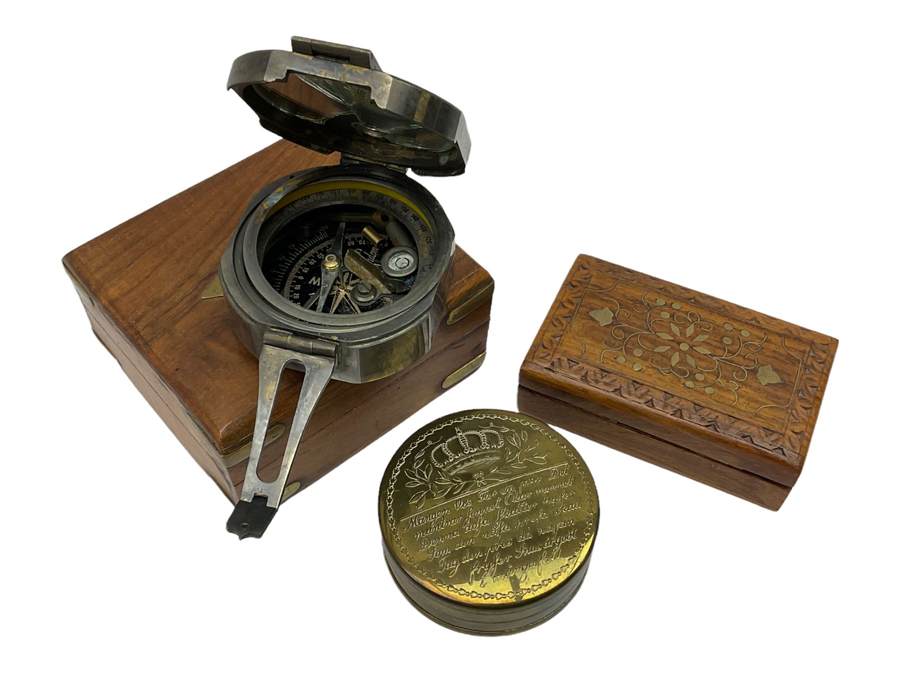 C.S.A. Stanley London 'Brinton Compass MKI 1862', brass trench art shell case trinket box, together with another box