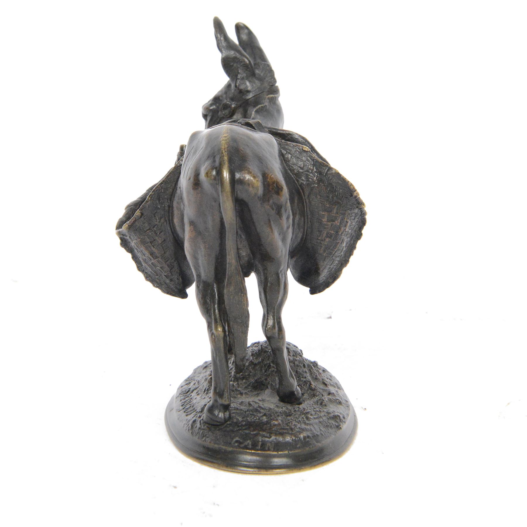 After Auguste Nicolas Cain (French 1821-1894): 'Ane D'Afrique', bronze figure of an African Wild Donkey carrying panniers, upon naturalistically modelled oval base, signed, H14.5cm