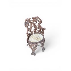 19th century Rococo Revival cast iron garden chair, pierced back comprised of scrolling acanthus leaves, over a pierced geometric white painted drop-in seat, raised on four acanthus and anthemion shaped cabriole supports united by X-frame stretcher
