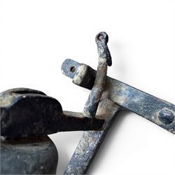 19th century cast iron outdoor bell bracket with bronze bell, lever action, finished in black paint