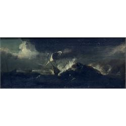 Circle of Claude-Joseph Vernet (French 1714-1789): Ship in Distress on a Rocky Coast, oil on panel unsigned 17cm x 41cm