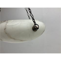 Art Deco style frosted glass marbled fly catcher light shade, suspended by three chains, D31cm
