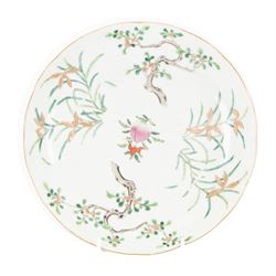 Chinese Guangxu dish, painted with a central peach and bat, with blossoming trees and foli...