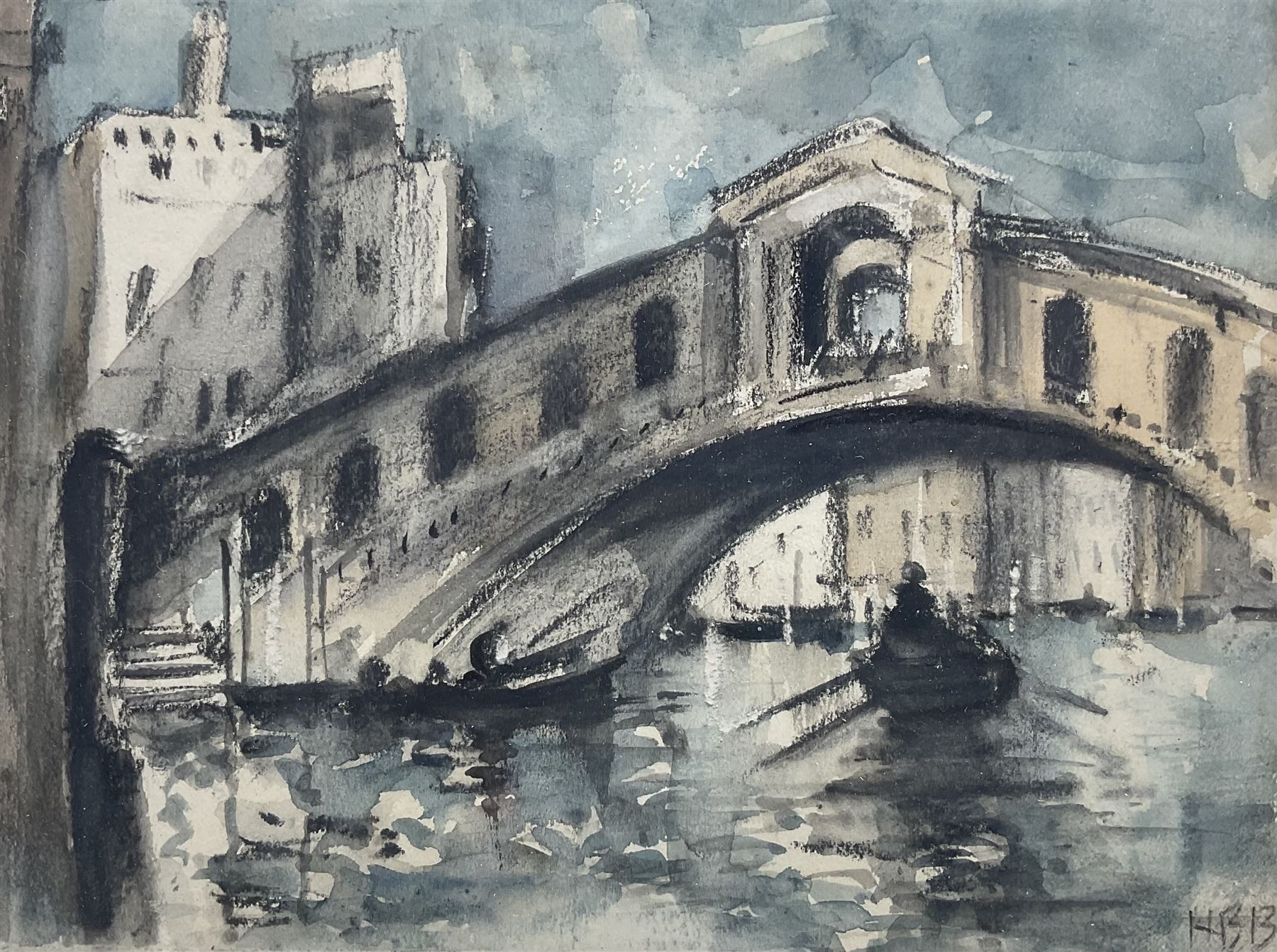 Hercules Brabazon Brabazon NEAC (British 1821-1906): The Rialto Bridge - Venice, watercolour and charcoal signed with initials 15cm x 19cm