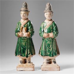 Pair of Chinese terracotta court attendant tomb figures,  probably Ming Dynasty, in Sancai...