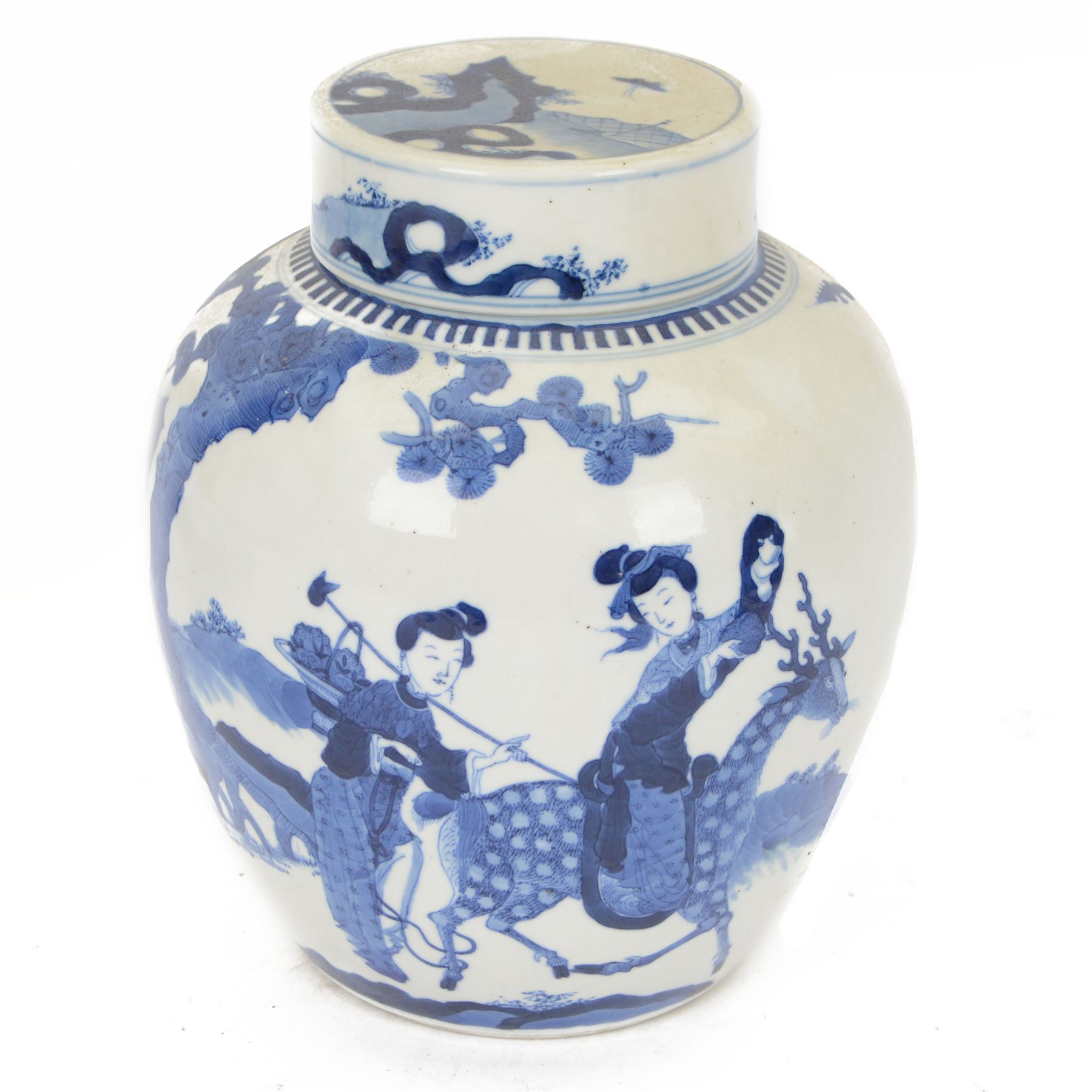 Late 19th century Chinese blue and white ginger jar, of ovoid form with flat topped circular cover, the body decorated with a geisha on reindeer with attendant in a landscape setting, with apocryphal Kangxi mark beneath, H24cm