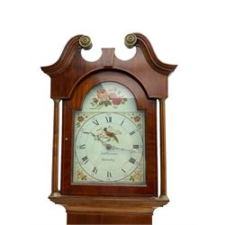 Tobias Fletcher of Barnsley -  late 18th century oak cased 30hr longcase clock with a swans neck pediment, brass paterie and finial, break arch dial flanked by reeded pilasters, trunk with a wavy topped door with inlay and crossbanding, conforming square plinth on decorative base, painted dial with flowers to the break arch and spandrels, Roman numerals, minute track, five minute Arabic's and matching steel hands, chain driven count wheel movement, with weight and pendulum.