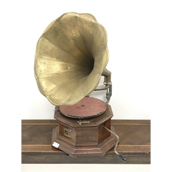  HMV table top gramophone with oak base, brass horn and winder  