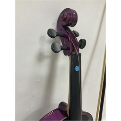 Intermusic 3/4 violin with a violet coloured solid wood body, ebonised fingerboard and fittings, bow and hard case, length 54cm