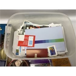 Pair of 9ct gold heart design hoop earrings and 9ct gold pearl earring together with a small collection of silver, costume jewellery and a collection of stamps including some useable postage 