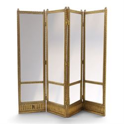 Early 20th century gilt and bevelled mirrored four panel folding screen, with two mirrors ...