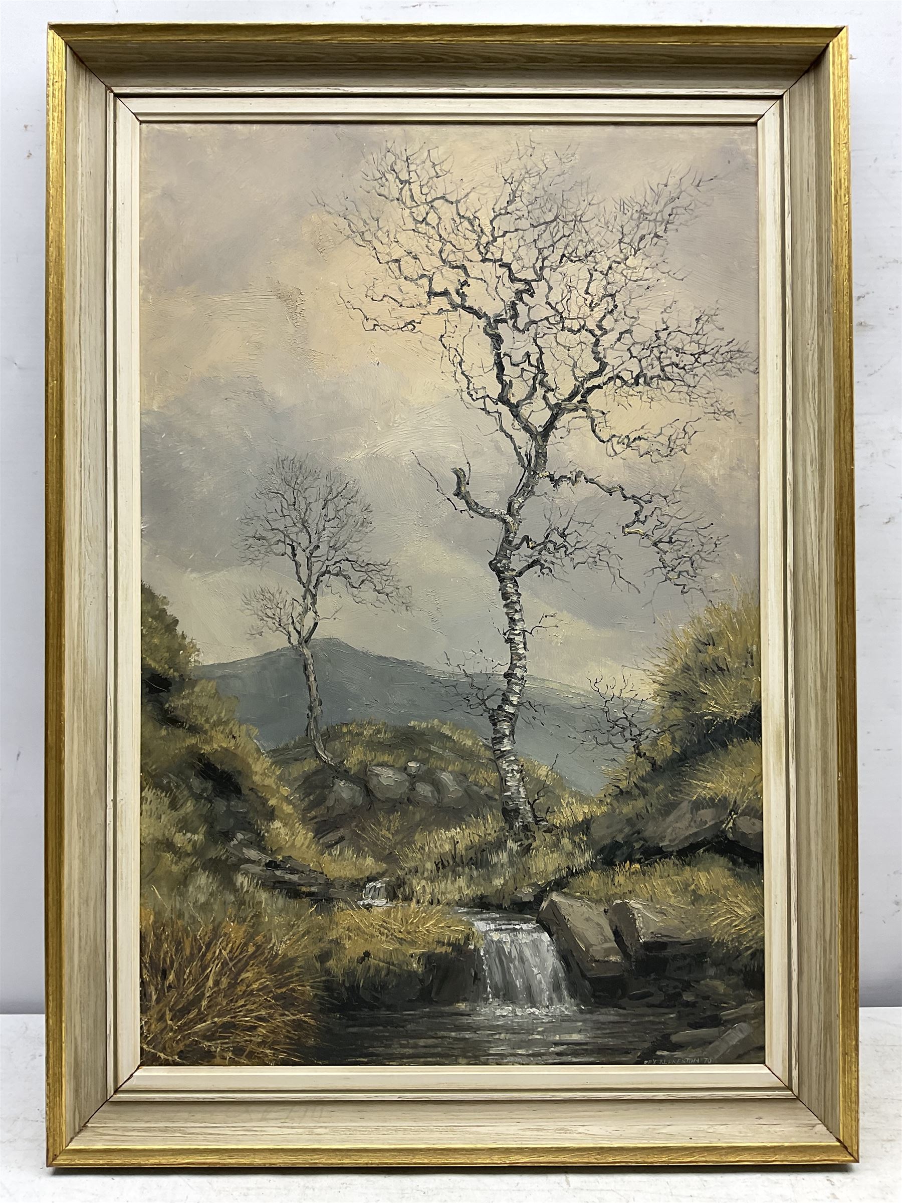 Rex N Preston (British 1948-): Upland Waterfall, oil on board signed and dated '70, 60cm x 39cm
