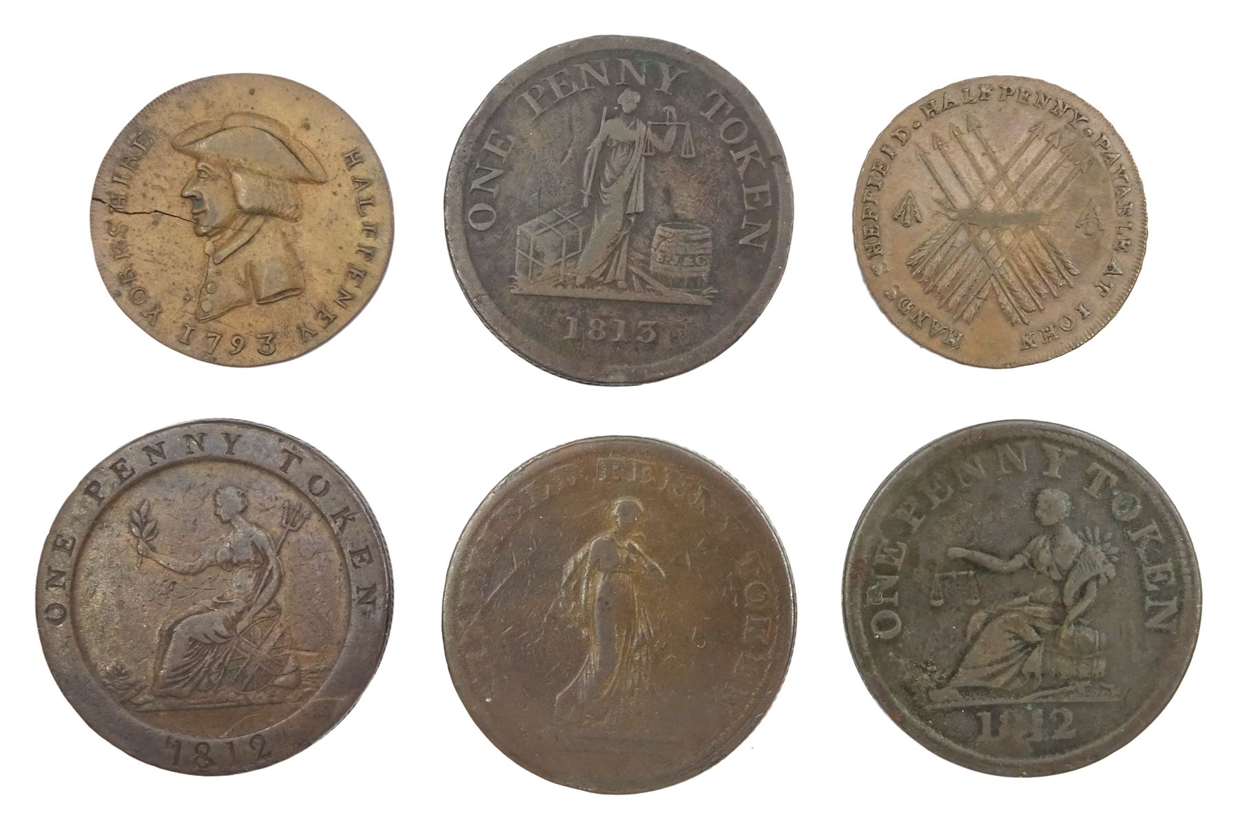 Six 18th and 19th century Sheffield tokens including 1794 half penny, 1812 Roscoe Mills one penny, 1813 Phoenix Iron Works one penny etc

