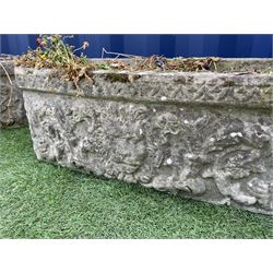 Pair rectangular composite stone garden planters, decorated in relief with lion mask and scrolling foliate  - THIS LOT IS TO BE COLLECTED BY APPOINTMENT FROM DUGGLEBY STORAGE, GREAT HILL, EASTFIELD, SCARBOROUGH, YO11 3TX
