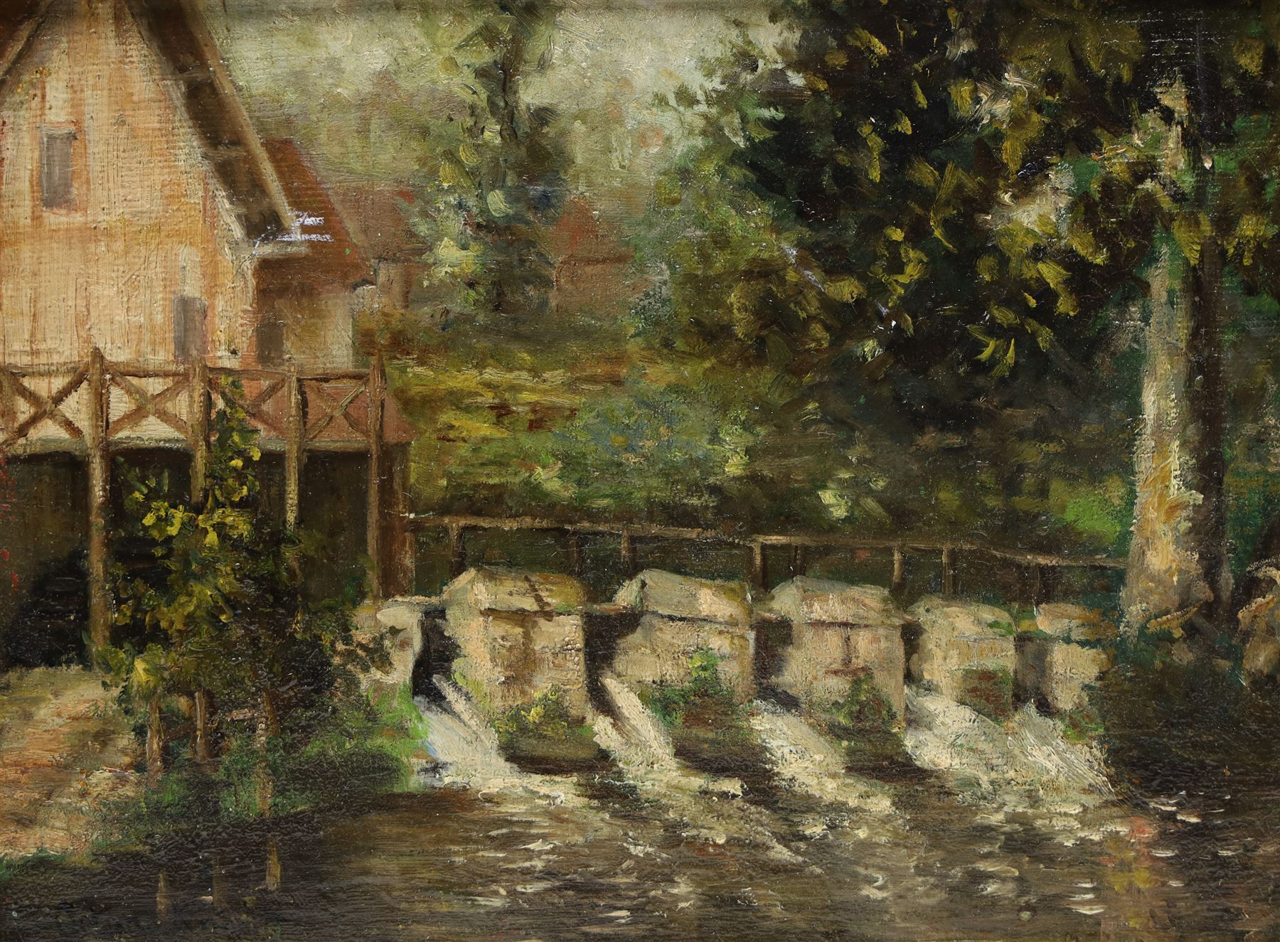 Louis Aston Knight (British 1873-1928): River Bank Cottages, oil on board signed 25cm x 33.5cm
