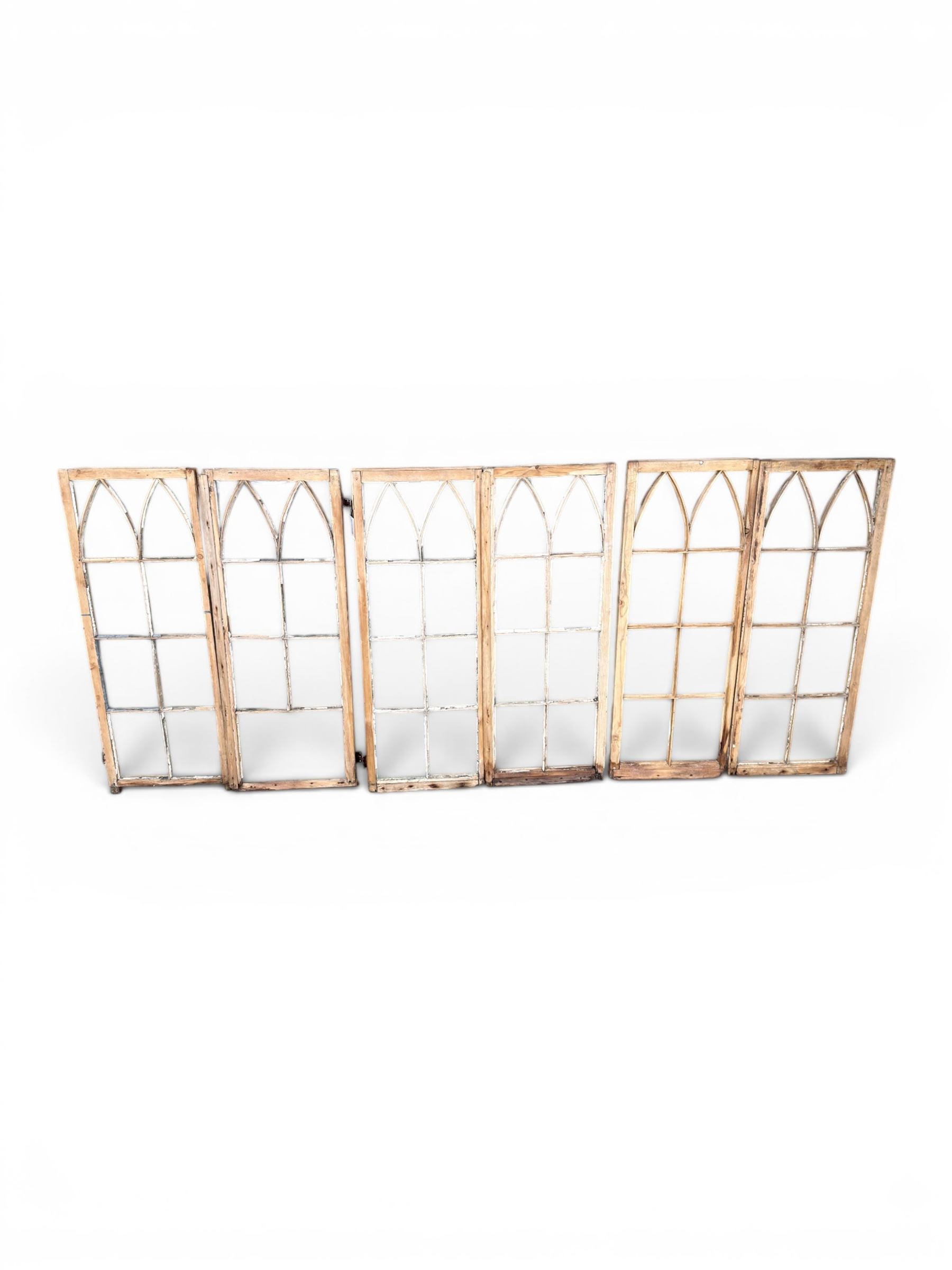 Six - three pairs of Victorian pine windows, Gothic arch design with astragal glazing, measurements each window