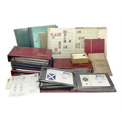  Queen Elizabeth II Great British first day covers with special postmarks and printed addresses, other covers, QEII used postage stamps, Basutoland, Southern Nigeria and other world stamps, housed in various albums, stockbooks, folders and loose, in one box