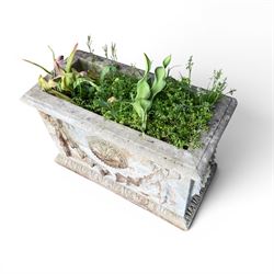 Haddon stone - cast rectangular planter, swag and motif detail, planted