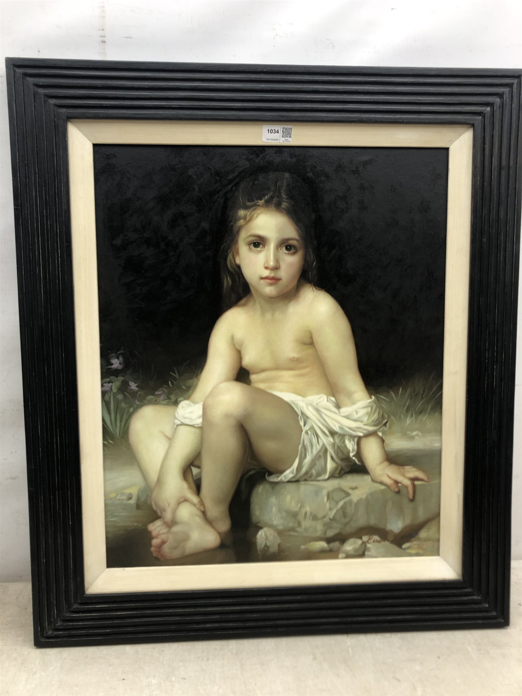 After William-Adolphe Bouguereau (French 1825-1905): Girl by a Stream, late 20th century oil on canvas laid on board indistinctly signed 56cm x 47cm