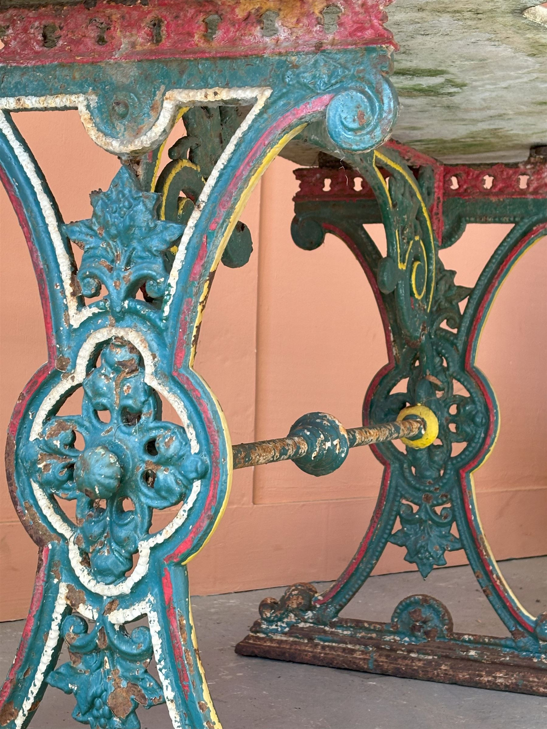 Victorian cast iron conservatory table, the serpentine moulded white marble top raised on a polychrome painted base well detailed with scrolls and floral motifs. H76cm, W123cm, D56cm. - COLLECTION BY APPOINTMENT FROM: The White House, Thirsk Road, Easingwold, York, YO61 3NF - CALL 01723 507111 TO ARRANGE