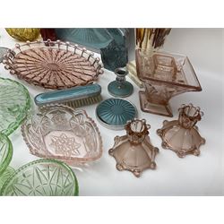 Swedish Svenskt Glass limited edition blue glass salmon, modelled by Paul Hoff, together with two vintage moulded coloured glass dressing table sets with jars and trays, spinning shot glass holder with abstract design glasses and an Art Deco vase, etc 