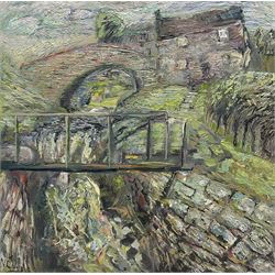 Nick Coley (British Contemporary): The Old Stone Bridge, acrylic on canvas signed 51cm x 51cm (unframed)