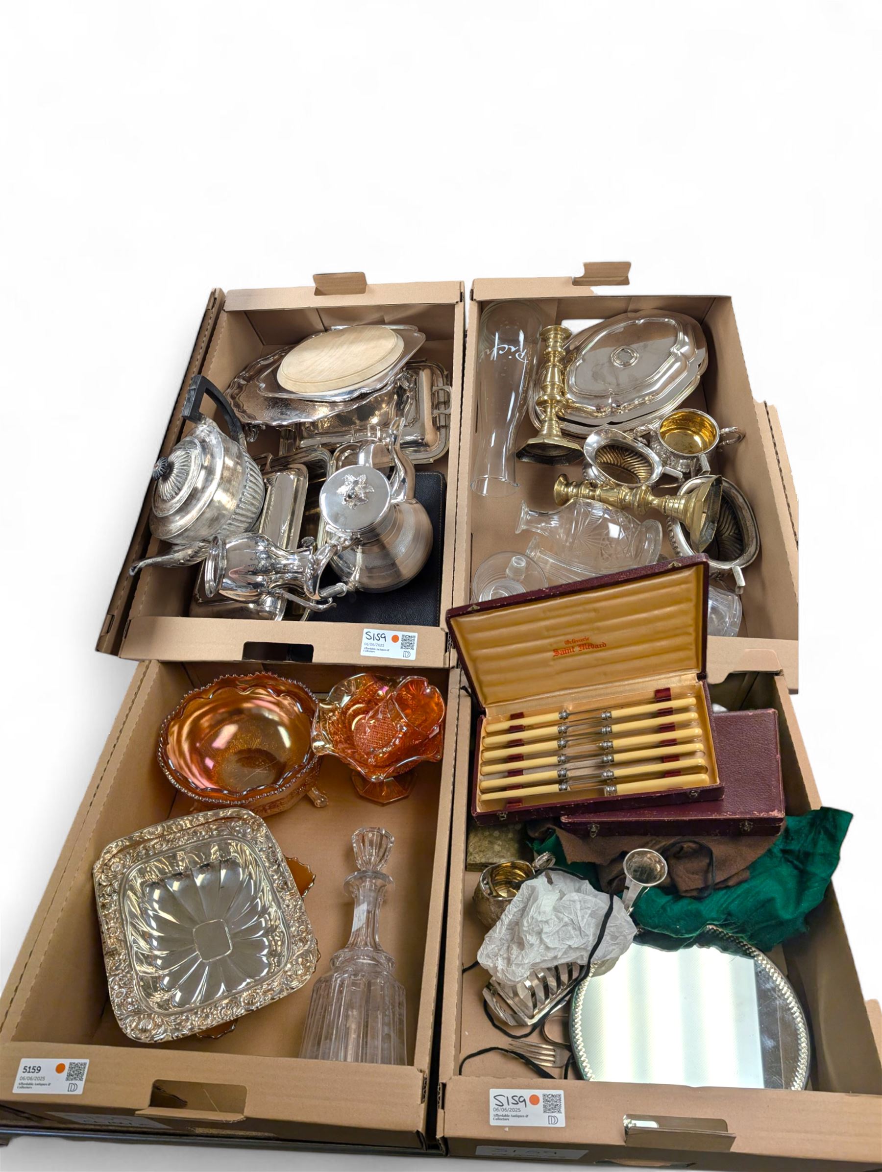 Collection of silver plated items and glassware, including cased cutlery, carnival glass, decanters, teapot, trays, etc