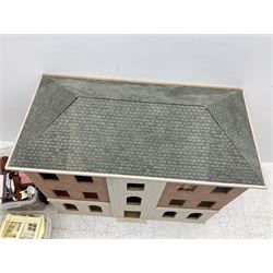 Georgian style paper lined wooden dolls house, three storey with wooden and plastic accessories and window fixtures, H90cm, W96cm, D52cm