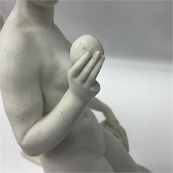 Royal Copenhagen Parian ware figure, modelled as Adonis, standing contrapposto by a tree trunk, together with a similar Parian ware figure, modelled as Venus with the Apple, both after Bertel Thorvaldsen and stamped Eneret to base with blue wave marks beneath, tallest H31.5cm