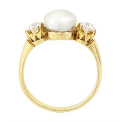 Early 20th century 15ct gold pearl and diamond three stone ring, single grey pearl with an old cut diamond set either side, total diamond weight approx 0.55 carat