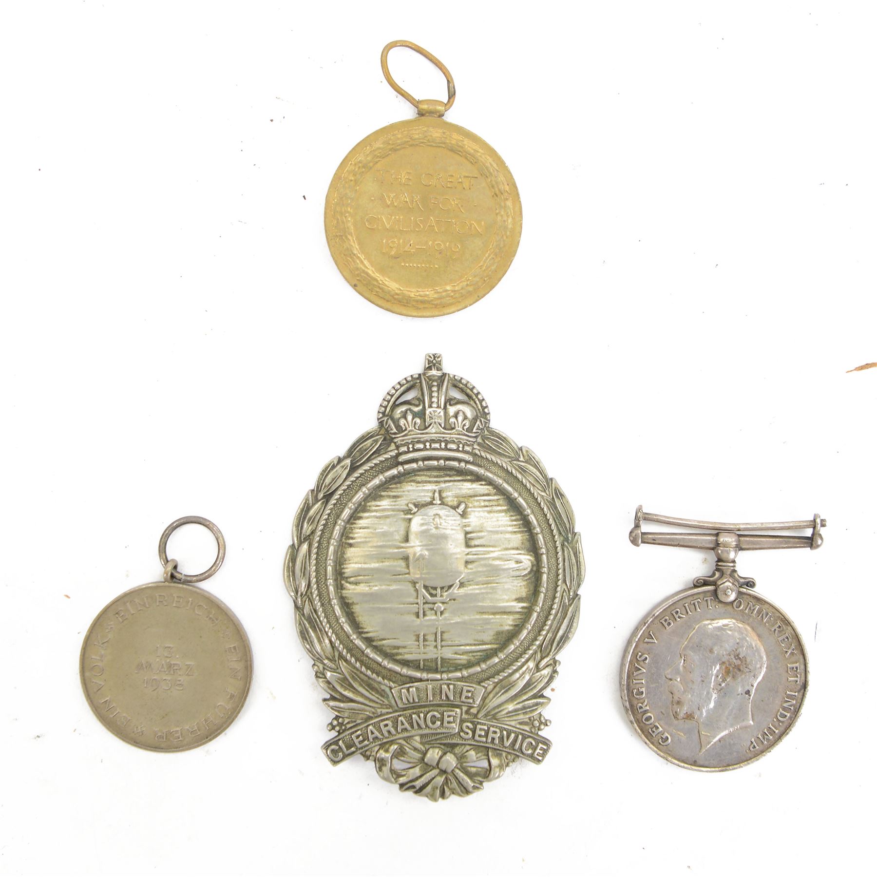 Pair Britsh WWI medals, War medal and Victory medal, awarded to 17448 Pte. J. Nuttall. York. R. together with British Navy Mine Clearance Service cuff badge and German Third Reich Austrian Anschluss medal