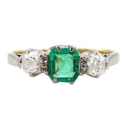 Early 20th century 15ct and palladium three stone emerald and old cut diamond ring, emerald approx 0.35 carat, total diamond weight approx 0.40 carat