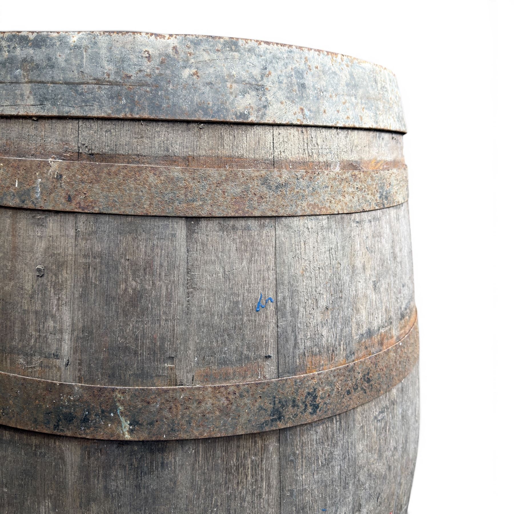 Vintage oak and metal bound whiskey barrel