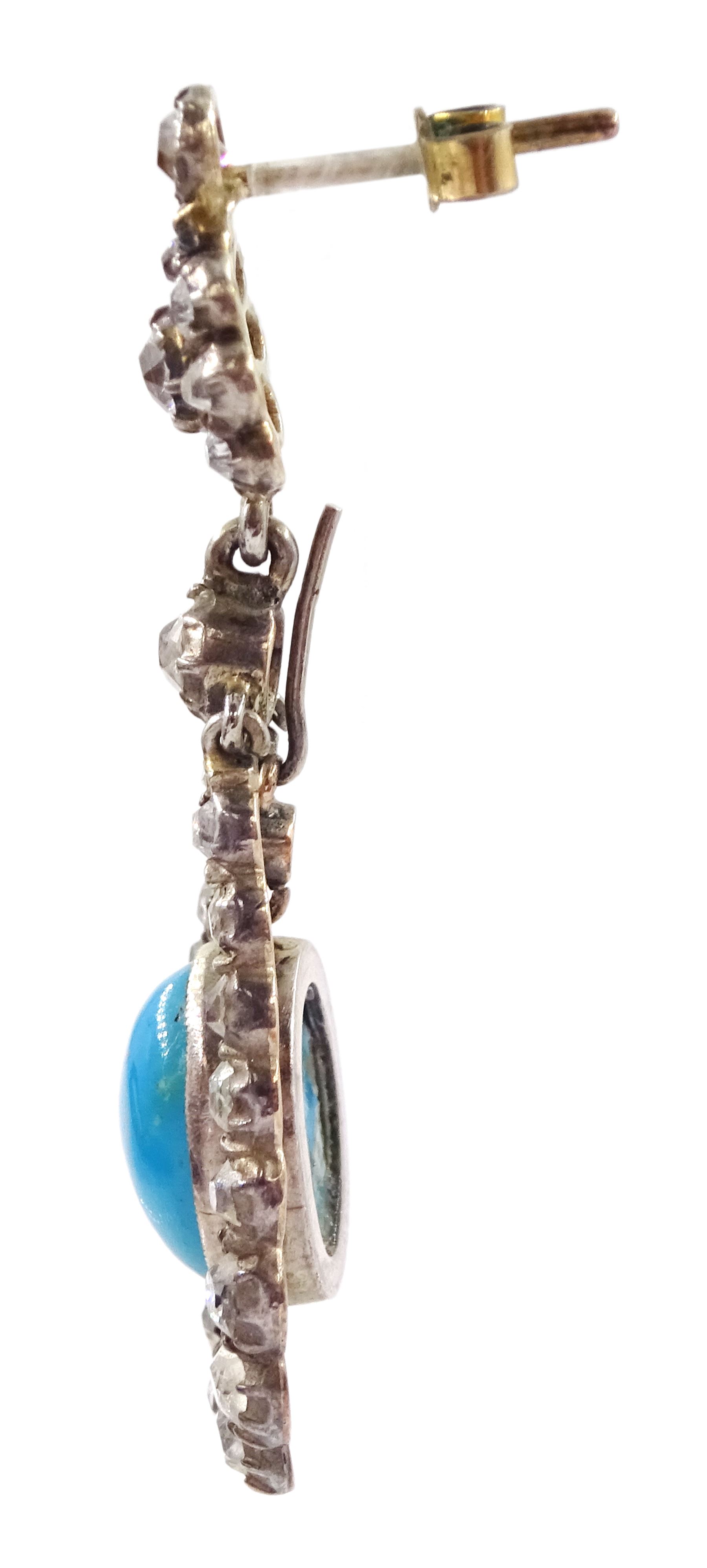 Pair of 19th / early 20th century gold and silver turquoise and old cut diamond pendant earrings, detachable oval cabochon turquoise pendants suspended within graduating diamond surround, total diamond weight approx 2.40 carat