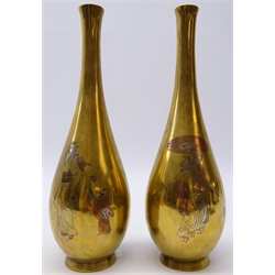  Pair Meiji period polished bronze vases, each bearing the mark of the Nogawa, of bottle form, with copper and white metal inlay depicting figures, H24cm   