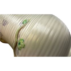 Clarice Cliff baluster jug moulded with a blue budgerigar perched upon branch with green rustic handle and mushroom glaze,  factory stamped beneath, H22.5cm