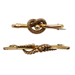 Victorian gold diamond stick pin stamped 15ct, bead bar brooch stamped 9ct and gold knot bar brooch tested 9ct, retailed by Samuel Sharpe, Retford, two in original cases

Notes: By direct decent from Sharpe family
