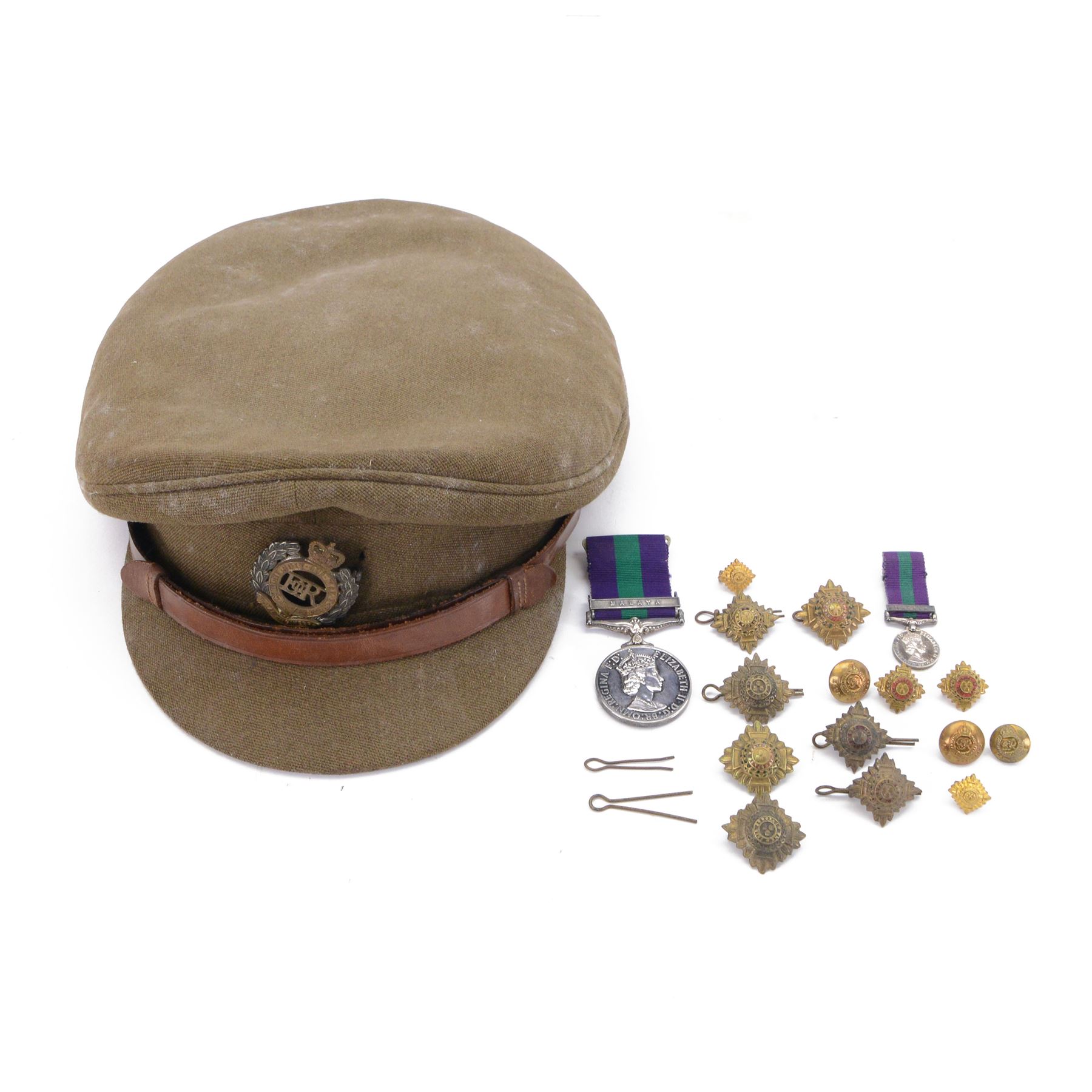 General Service Medal GSM 1918, with Malaya clasp awarded to 2/Lt. M. A. Peacock R.E, together with its miniature, pips and Royal Engineers cap  