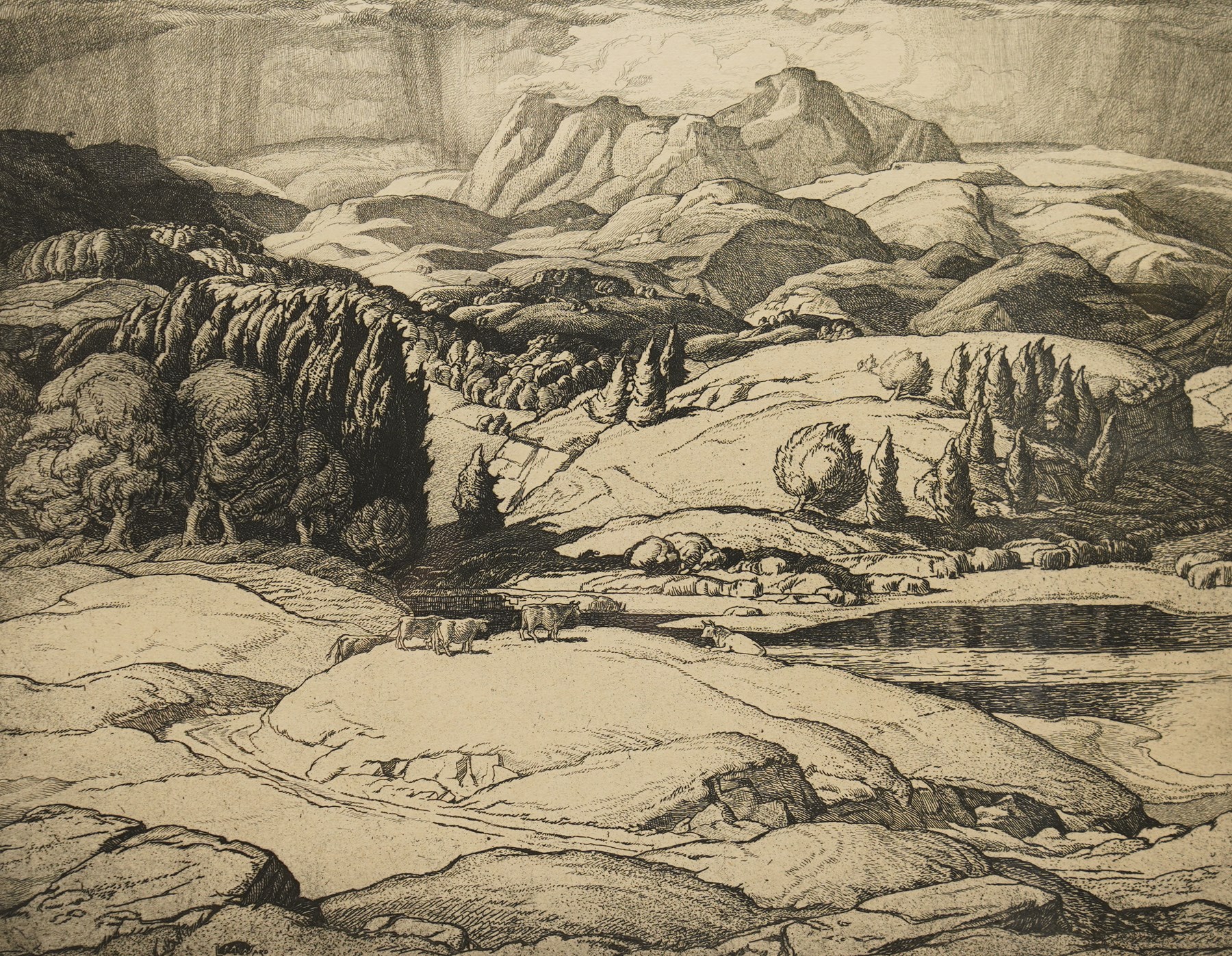 Philip Leslie Moffat Ward (British 1888-1978): 'The Langdales from Tarn Hows', monochrome etching signed titled and dated '54 in pencil 27.5cm x 35cm