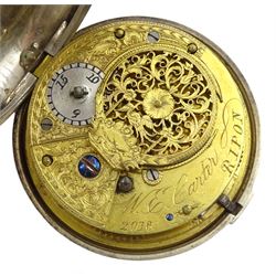 George III silver pair cased verge fusee pocket watch by W E Carter, Ripon, No. 2018, white enamel dial with Arabic numerals, pierced and engraved balance cock decorated with a mask, case by Thomas Gibbard, London 1802 and one other silver lever pocket watch, case by Robert John Pike, London 1874