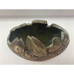 John Egerton (c1945-): studio pottery stoneware vase, decorated with fish and ammonites, H24cm