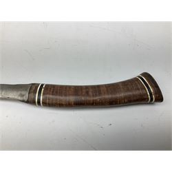 Estwing Black Eagle style double bit throwing axe with leather grip, virtually mint with labels present, plastic blade protectors and nylon sheath L43cm; another smaller Estwing axe stamped 24A to the pommel, with leather grip and sheath; and a vintage short handled hedge knife, the blade stamped IH (?) No.2 (3)