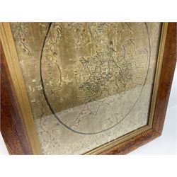 Early 19th century framed embroidered needlework map of England and Wales on silk, of oval form, enclosed with a floral boarder, frame H70cm W57cm  