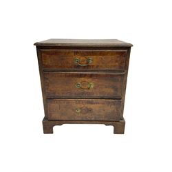 Small 19th century and later oak chest, fitted with three drawers (W51cm, H56cm, D35cm), a George III mahogany dressing table mirror with carved moulding and bracket feet (W58cm), and a Regency style mahogany dressing table mirror (3)