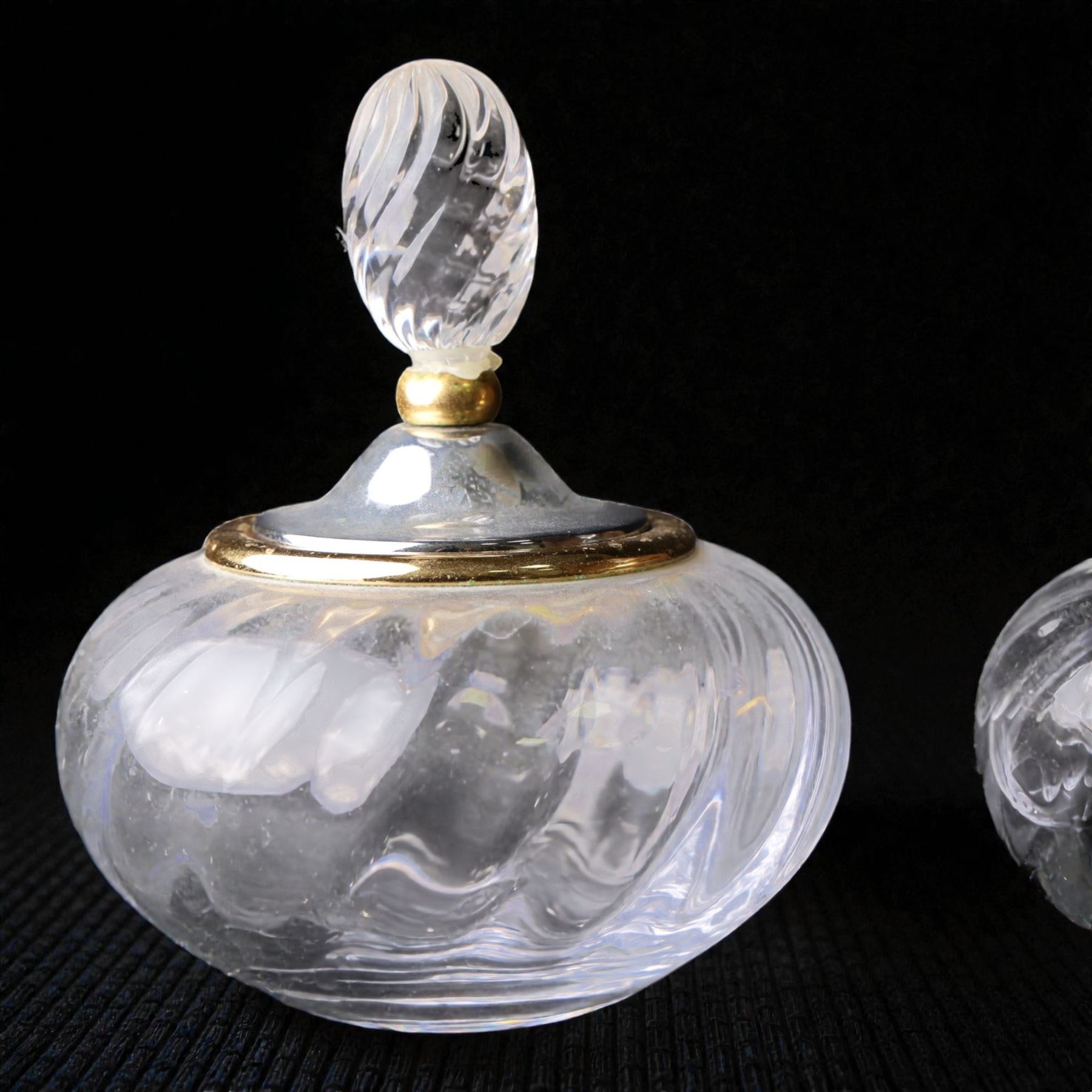  Glass vanity dish and pair of lidded vessels, retailed by Harrods, dish L17cm, H7cm