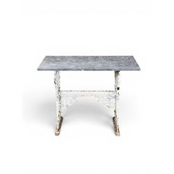 Victorian ornate cast iron garden table, trefoil base with central enclosed column, circular top with later marble, with registration mark