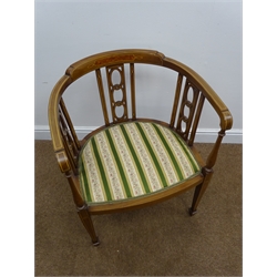  Edwardian inlaid mahogany tub shaped chair, upholstered seat, square tapering supports, spade feet (W55cm) a nest of tables, a circular coffee table, and a wall hanging corner cabinet (4)  