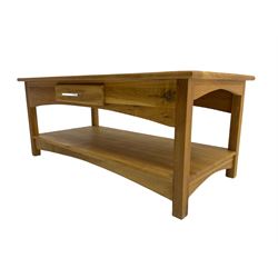 Light oak rectangular coffee table, fitted with drawer and undertier